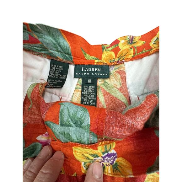 "Lauren Ralph Lauren" Linen Shorts High Rise Floral Hawaiian Tropical Sz 10 Mom - Picture 4 of 8